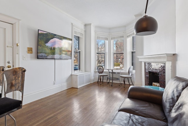 598 Summit Ave Unit 1, Saint Paul, MN 55102 - living room featuring wood-type flooring, crown molding, baseboards, and a fireplace