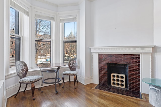 598 Summit Ave Unit 1, Saint Paul, MN 55102 - living area featuring a fireplace with flush hearth, hardwood / wood-style floors, plenty of natural light, and crown molding