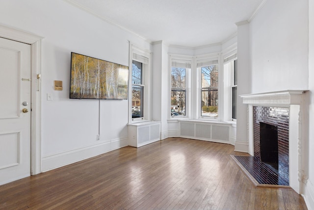 598 Summit Ave Unit 1, Saint Paul, MN 55102 - unfurnished living room with radiator, a fireplace with flush hearth, wood-type flooring, ornamental molding, and baseboards