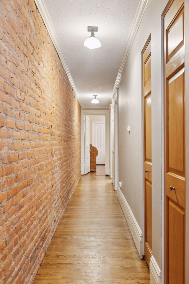 598 Summit Ave Unit 1, Saint Paul, MN 55102 - corridor with crown molding, light wood-style floors, brick wall, baseboards, and a textured ceiling