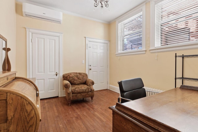 598 Summit Ave Unit 1, Saint Paul, MN 55102 - home office featuring a wall mounted AC, wood-type flooring, ornamental molding, and baseboards