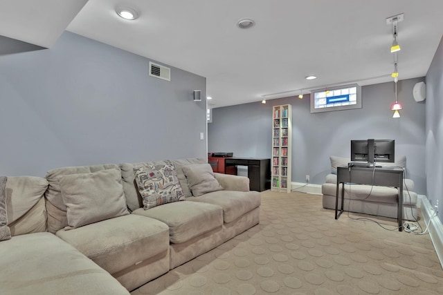 living room featuring light colored carpet