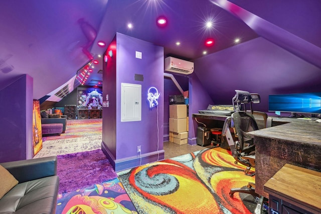 playroom with lofted ceiling, a wall unit AC, recessed lighting, baseboards, and electric panel