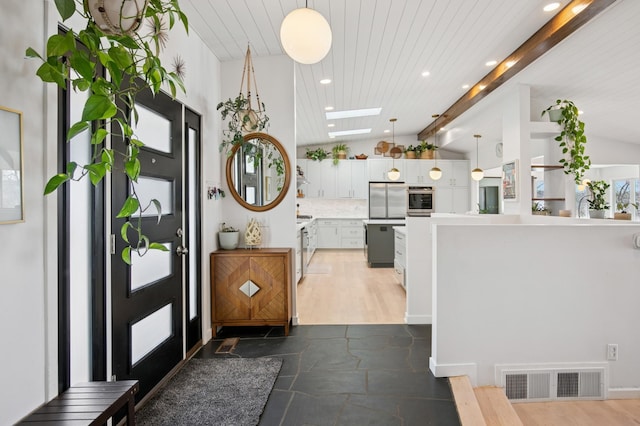 entryway with wooden ceiling, vaulted ceiling with beams, recessed lighting, and visible vents