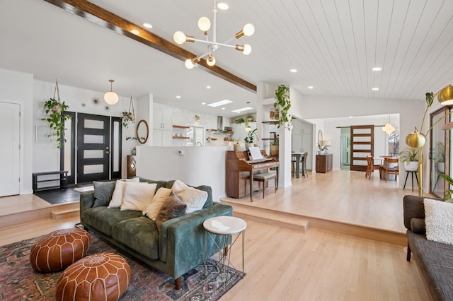 living area with vaulted ceiling with beams, wood ceiling, recessed lighting, wood finished floors, and a notable chandelier