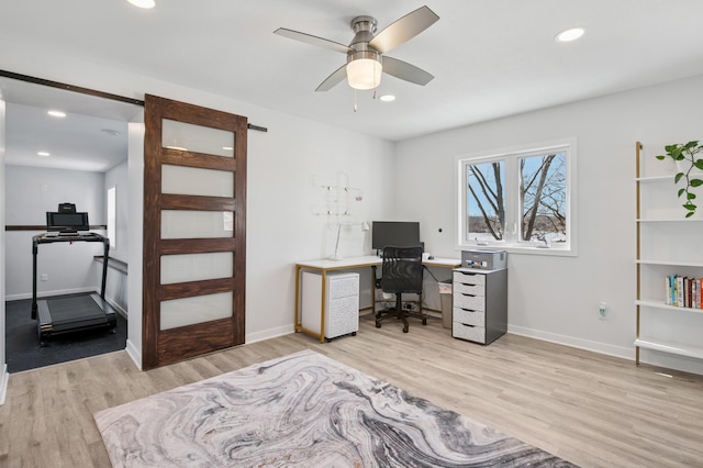 home office featuring wood finished floors, recessed lighting, a ceiling fan, and baseboards