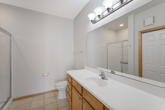 full bath with visible vents, a stall shower, vanity, tile patterned flooring, and baseboards