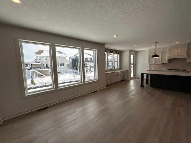 interior space featuring a textured ceiling, wood finished floors, a sink, visible vents, and baseboards