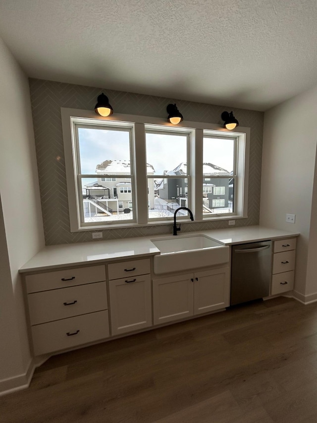 kitchen with a wealth of natural light, light countertops, white cabinets, a sink, and dishwasher