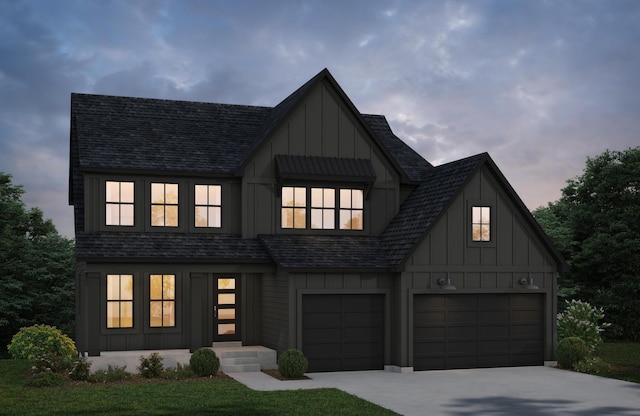 modern inspired farmhouse with concrete driveway, a shingled roof, and board and batten siding