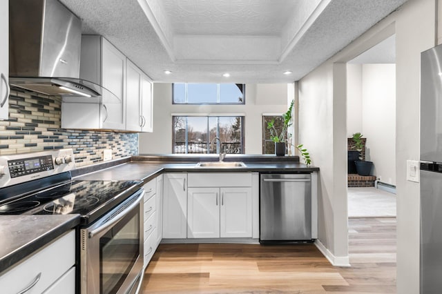 kitchen featuring stainless steel appliances, wall chimney range hood, white cabinets, and a tray ceiling