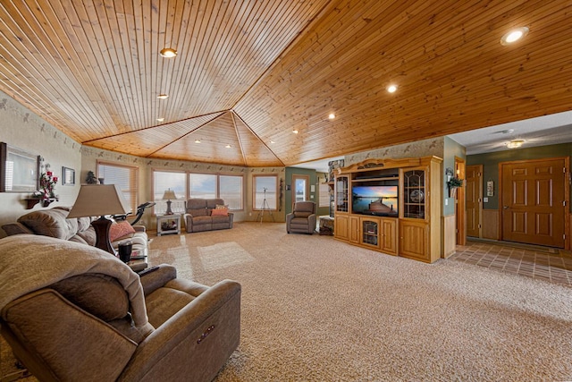 living room featuring vaulted ceiling, light carpet, and wooden ceiling