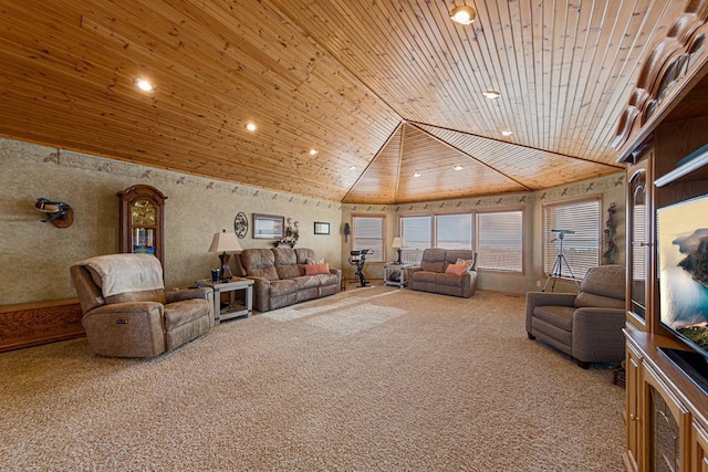 living room with lofted ceiling, carpet floors, and wooden ceiling