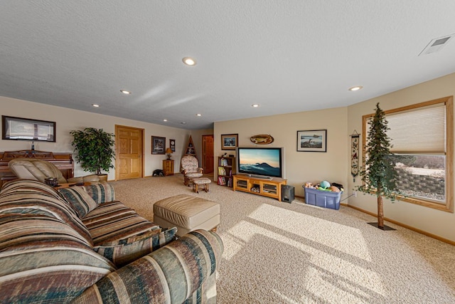 living room with carpet floors and a textured ceiling