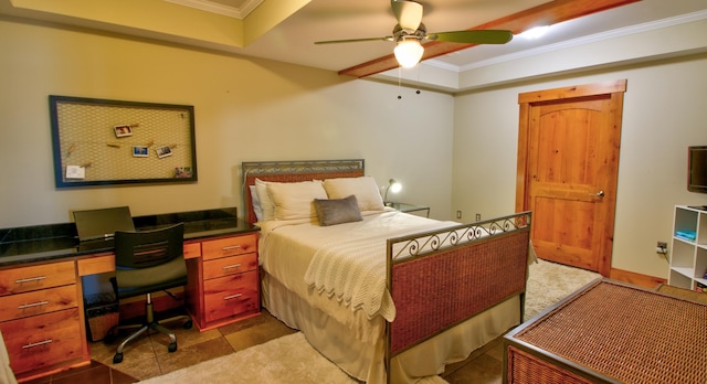 bedroom with light tile patterned floors, a ceiling fan, and crown molding