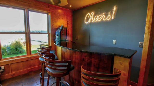 bar featuring dark tile patterned flooring, a bar, and a water view