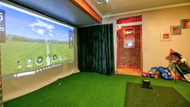 recreation room with golf simulator, carpet flooring, and crown molding