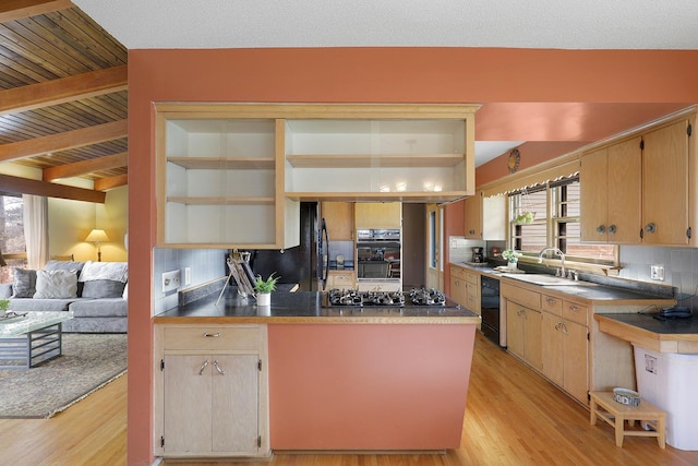 kitchen with open shelves, light wood-type flooring, a peninsula, black appliances, and a sink