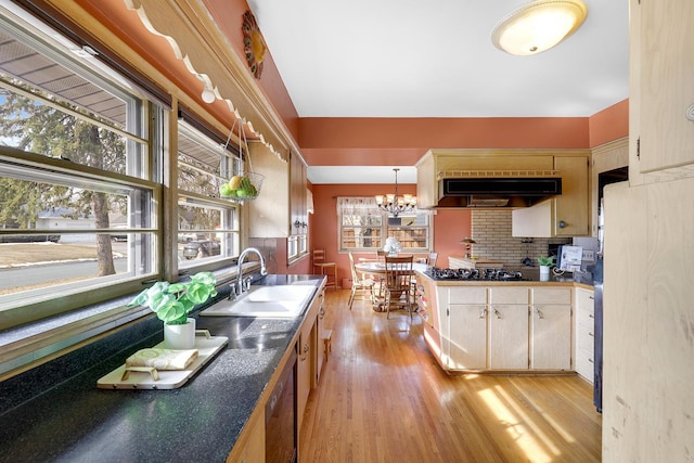 kitchen with light wood finished floors, tasteful backsplash, ventilation hood, black appliances, and a sink