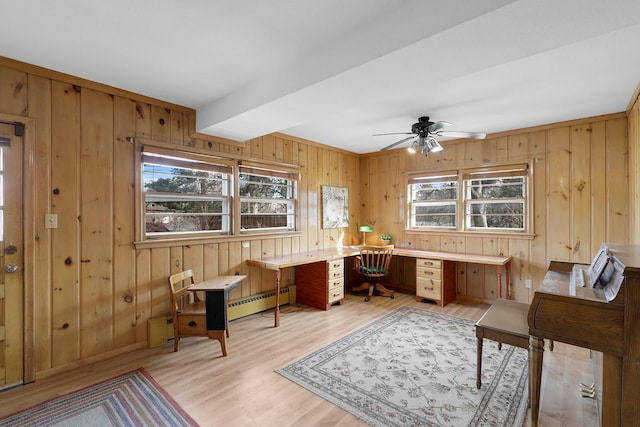 home office featuring light wood-type flooring, a baseboard heating unit, ceiling fan, and wood walls