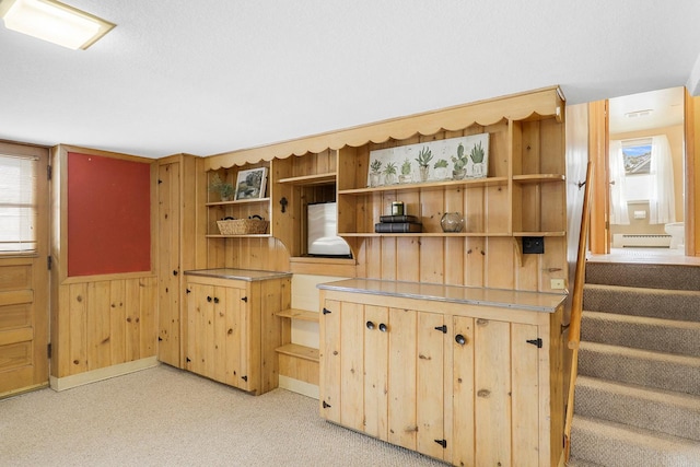 kitchen featuring open shelves, wood walls, a wealth of natural light, and light brown cabinetry