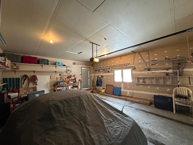 garage featuring a garage door opener and a workshop area