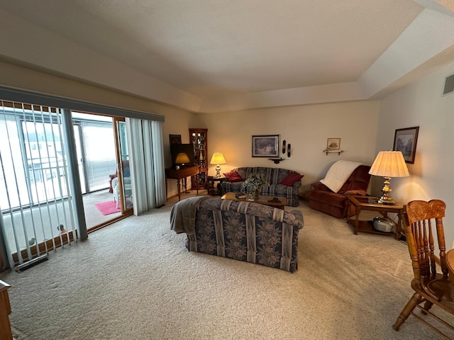 living room featuring a tray ceiling and carpet floors