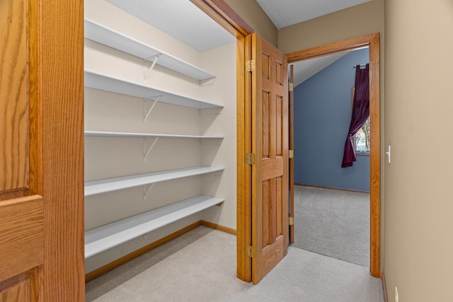 interior space with baseboards and light colored carpet