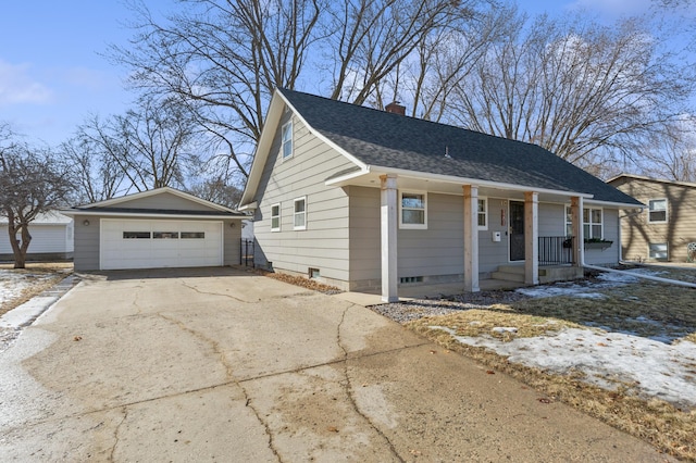 view of front of property with an outbuilding, a chimney, a porch, a shingled roof, and crawl space