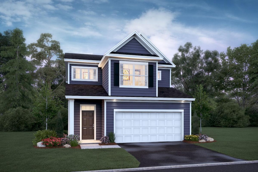 view of front of house with aphalt driveway, a garage, a front yard, and a shingled roof