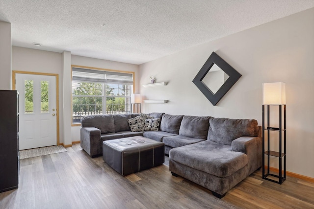 living room with hardwood / wood-style flooring and a textured ceiling