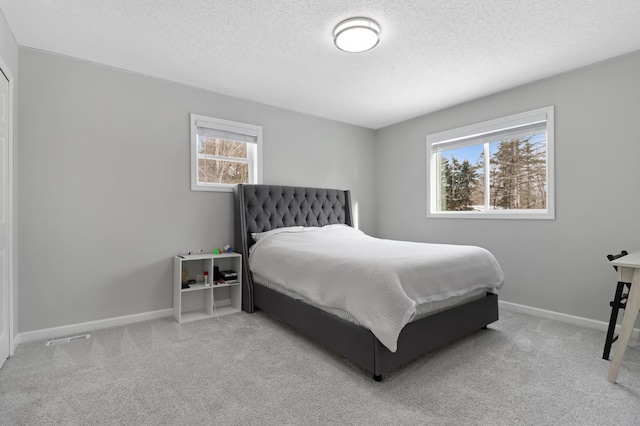 bedroom with multiple windows, light colored carpet, and a textured ceiling