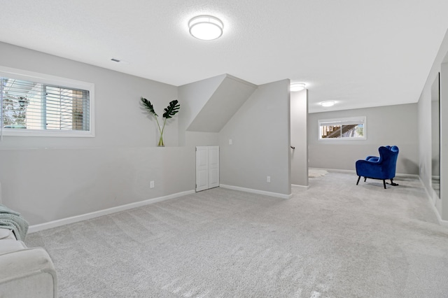 additional living space featuring light carpet and a textured ceiling