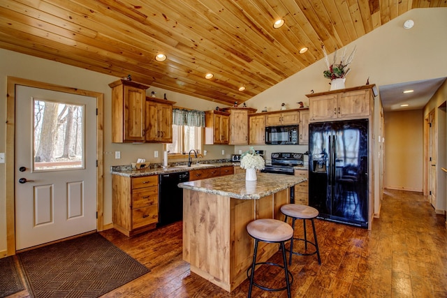 kitchen with a kitchen island, dark wood-type flooring, wooden ceiling, black appliances, and a sink