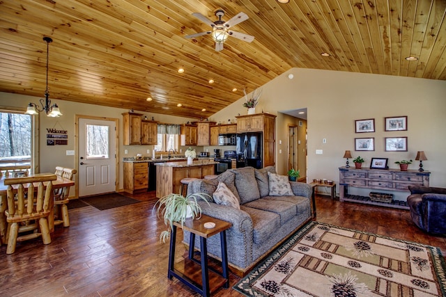 living area with dark wood-style floors, wooden ceiling, and ceiling fan with notable chandelier