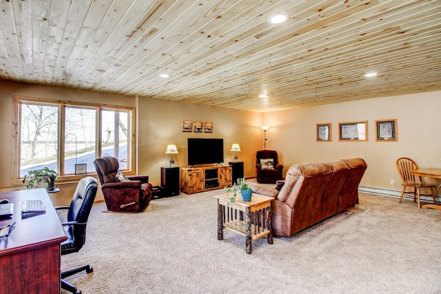 carpeted living room with recessed lighting, a baseboard heating unit, and wooden ceiling