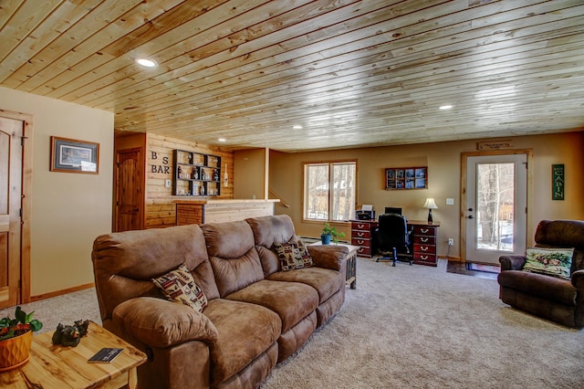 carpeted living area featuring wooden ceiling, recessed lighting, and baseboards