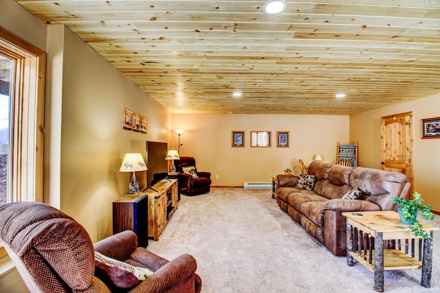 carpeted living room with baseboard heating, recessed lighting, and wood ceiling