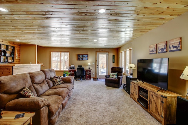 carpeted living area with recessed lighting and wood ceiling