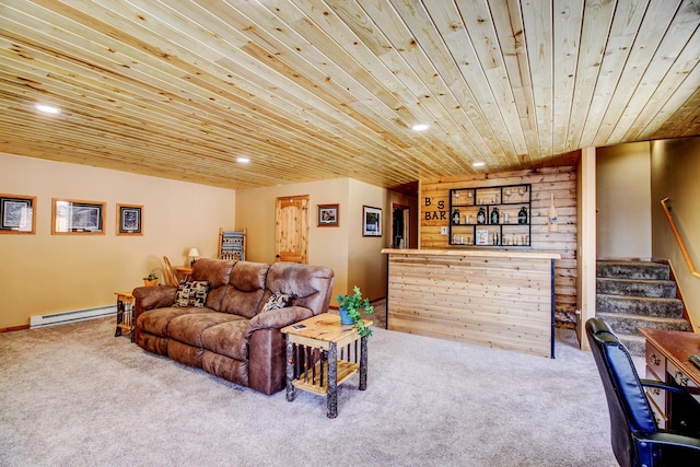 carpeted living area with recessed lighting, a baseboard heating unit, wood ceiling, and stairs