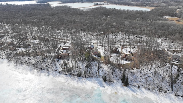 snowy aerial view featuring a water view