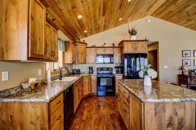 kitchen with light stone countertops, wood ceiling, a sink, black appliances, and vaulted ceiling