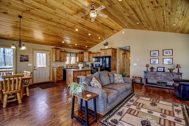 living area with wood ceiling, ceiling fan with notable chandelier, and lofted ceiling