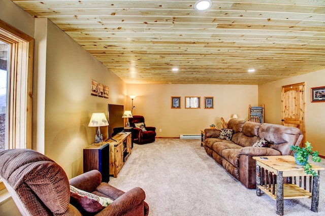 carpeted living area with recessed lighting, a baseboard heating unit, and wood ceiling