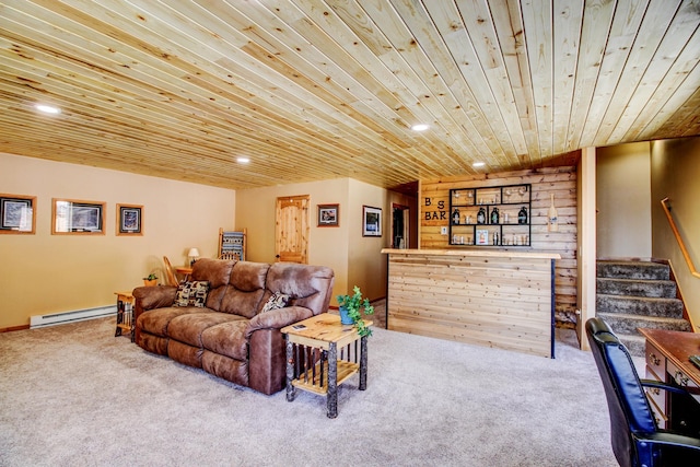 living area with carpet floors, recessed lighting, and wooden ceiling