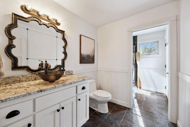 2650 Fox St, Orono, MN 55391 - bathroom featuring vanity, wainscoting, stone tile floors, and toilet