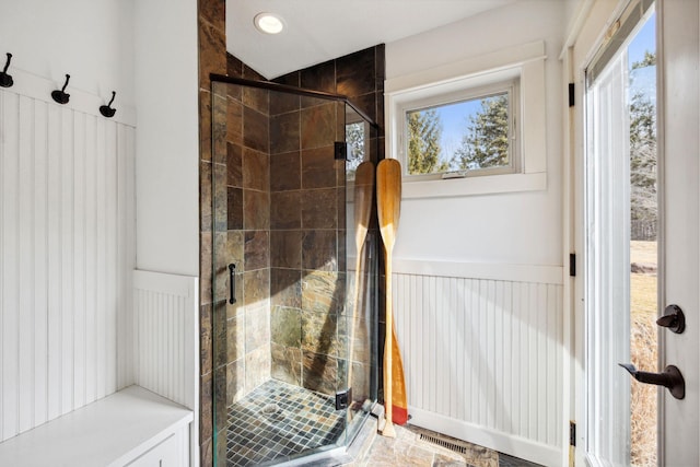 2650 Fox St, Orono, MN 55391 - bathroom with wainscoting and a stall shower