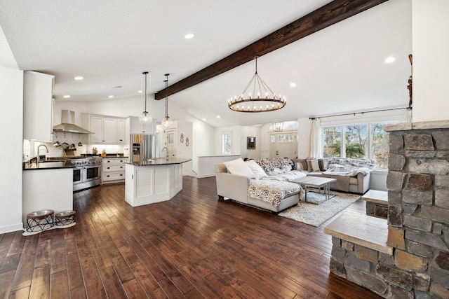 2650 Fox St, Orono, MN 55391 - living room featuring dark wood-style floors, a chandelier, and recessed lighting
