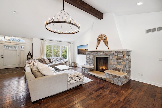 2650 Fox St, Orono, MN 55391 - living room featuring a chandelier, wood-type flooring, beamed ceiling, a stone fireplace, and recessed lighting