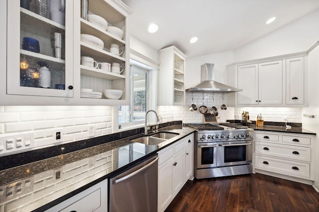 2650 Fox St, Orono, MN 55391 - kitchen with appliances with stainless steel finishes, wall chimney exhaust hood, a sink, open shelves, and decorative backsplash